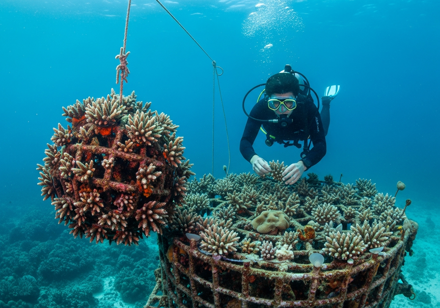 A diver transplanting coral fragments from a nursery onto a damaged reef section as part of a restoration project.