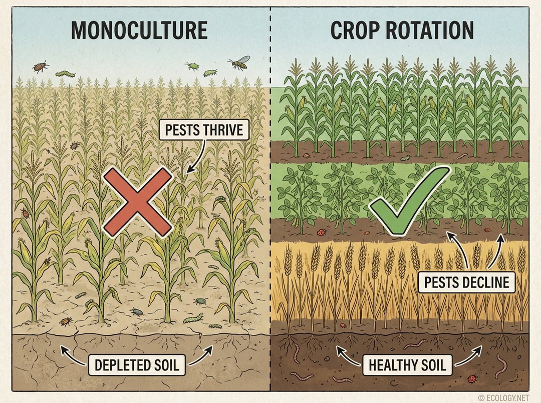 Diagram comparing monoculture with depleted soil and thriving pests to crop rotation with healthy soil and declining pests.