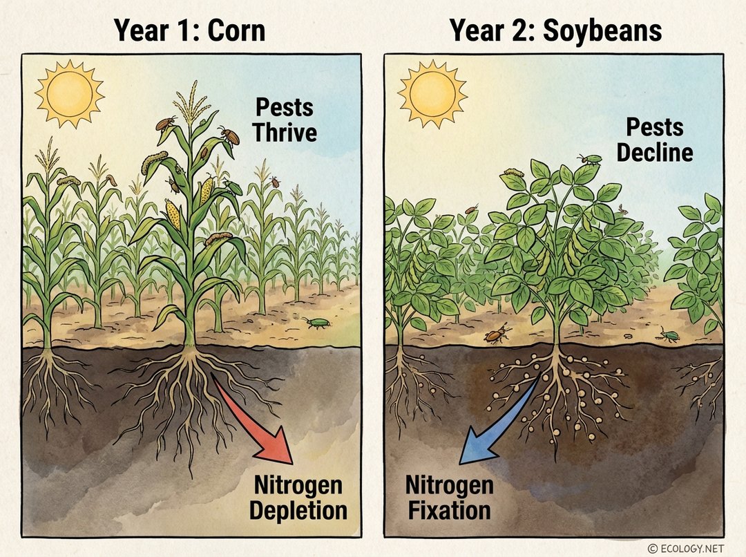 Diagram showing a two-year crop rotation: Year 1 with corn, nitrogen depletion, and pests; Year 2 with soybeans, nitrogen fixation, and fewer pests.