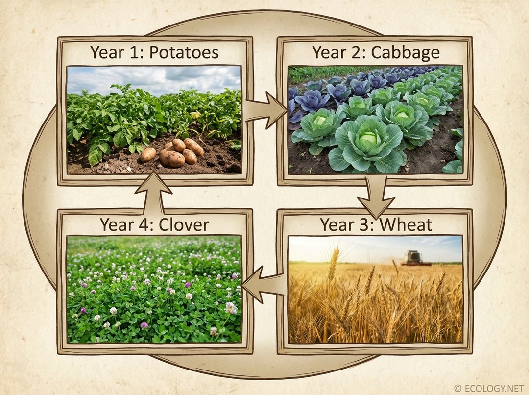 Illustrative diagram of a four-year crop rotation cycle featuring potatoes, cabbage, wheat, and clover.