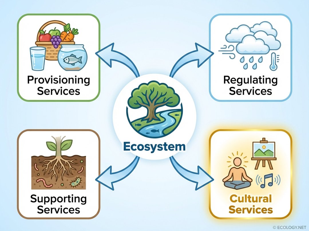 An illustrative diagram showing a central 'Ecosystem' icon with four arrows branching out to four distinct categories: Provisioning Services (food and water), Regulating Services (clouds and wind), Supporting Services (roots and soil), and a highlighted Cultural Services (art, music, meditation).