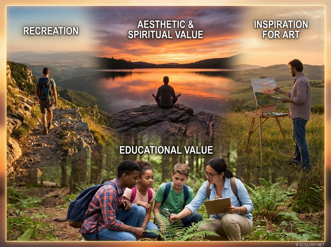 A composite image showing people engaging with nature: a hiker on a mountain, a person meditating by a lake at sunset, an artist painting a landscape, and students observing plants with a teacher in a forest.