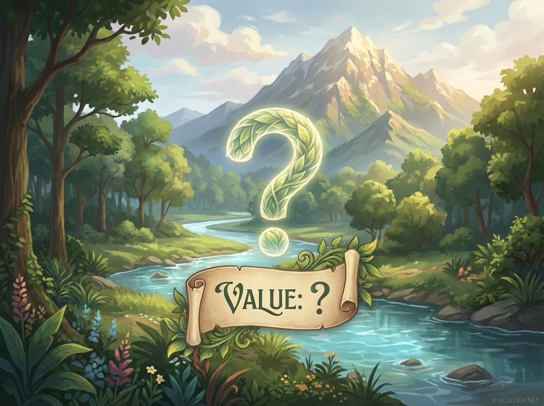 An illustrative conceptual image of a beautiful, pristine natural landscape with a large, elegant question mark icon subtly integrated, conveying the difficulty of assigning monetary value to nature's beauty and experience.
