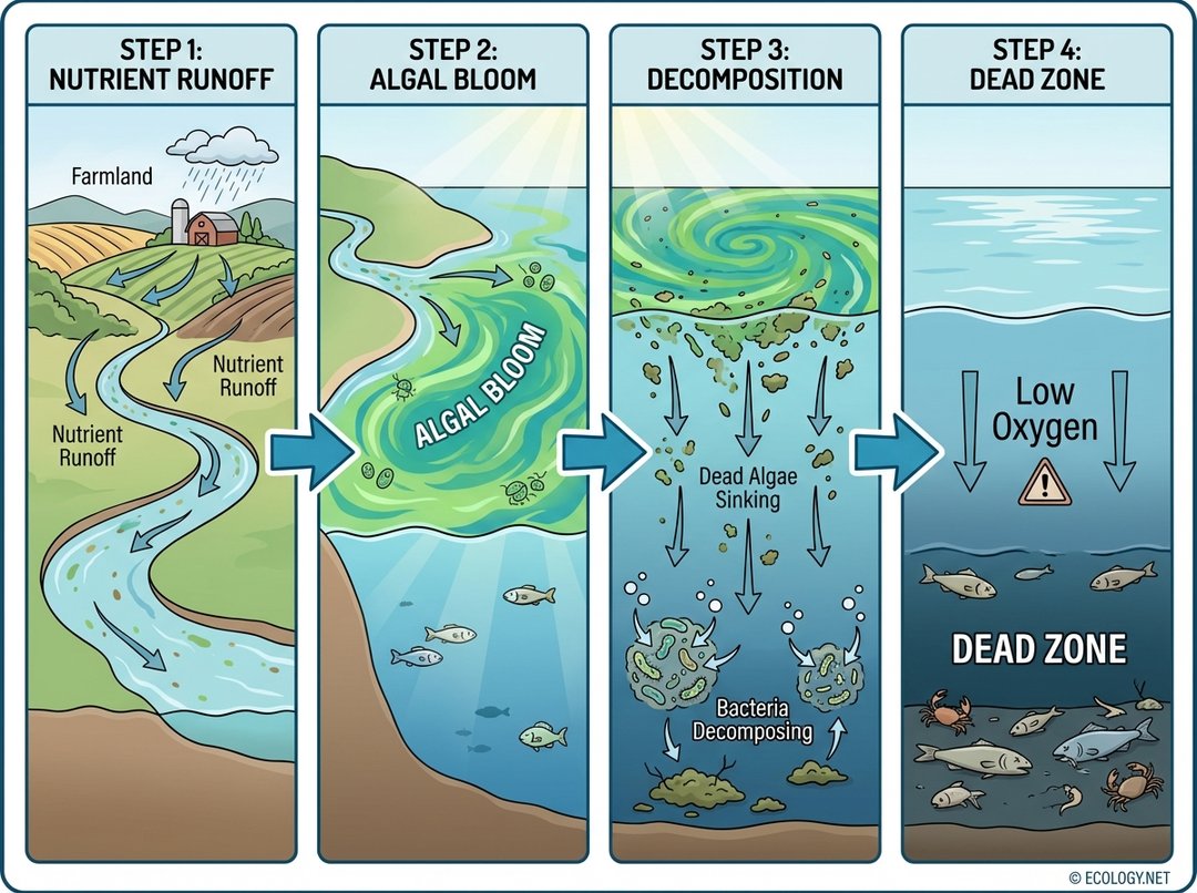 Diagram showing nutrient runoff leading to algal bloom, decomposition, and oxygen depletion in a dead zone.