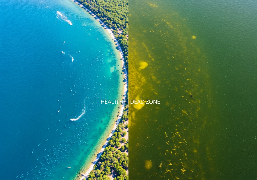 Split image showing a healthy, oxygenated bay on the left with clear blue water and fish, contrasting with a murky, algal bloom filled dead zone on the right.
