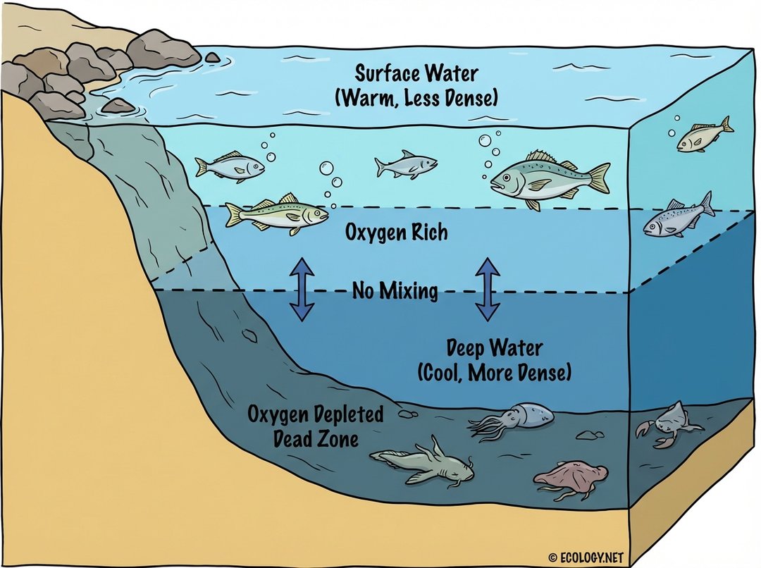 Cross-section diagram illustrating water stratification with warm, oxygen-rich surface water and cool, oxygen-depleted deep water forming a dead zone.