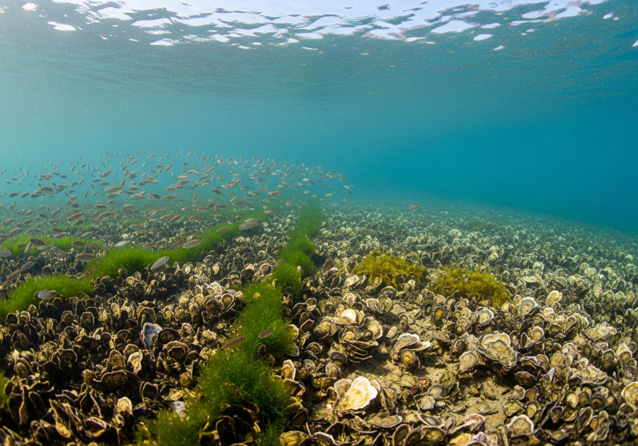 Degraded oyster reef with dead shells and yellow scum on the right, contrasting with a healthy reef with living oysters and green seaweed on the left.