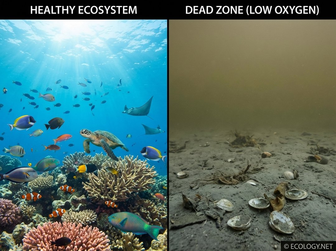 Split image comparing a vibrant, healthy marine ecosystem on the left with a desolate, oxygen-depleted dead zone on the right.