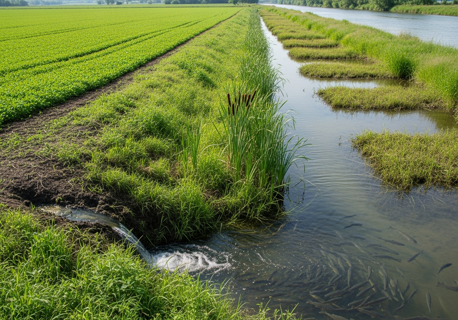 Restored wetland buffer strip along a river, showing an agricultural field on the left and lush wetland vegetation filtering runoff into a clear stream on the right.