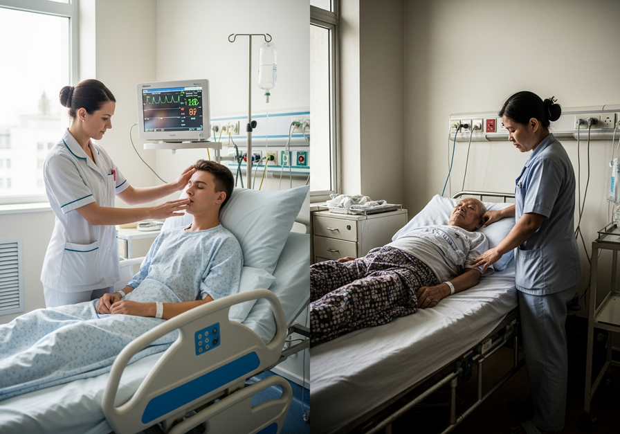Split-screen image showing contrasting hospital wards: modern, well-equipped vs. worn, limited resources, highlighting healthcare disparity.