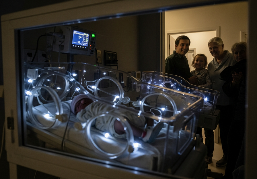 Newborn in a neonatal intensive care unit with family watching, illustrating infant mortality's emotional impact.