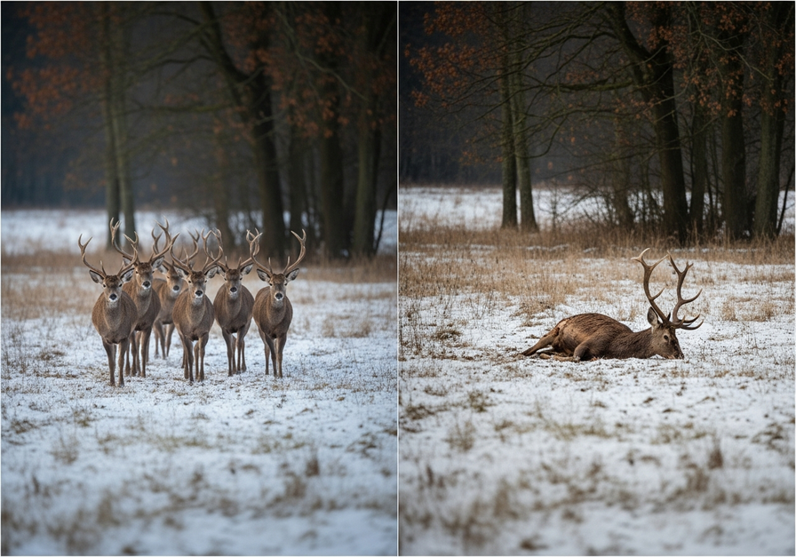 Split-screen image of a thriving deer herd and a deceased deer, demonstrating ecological death rates and population dynamics.
