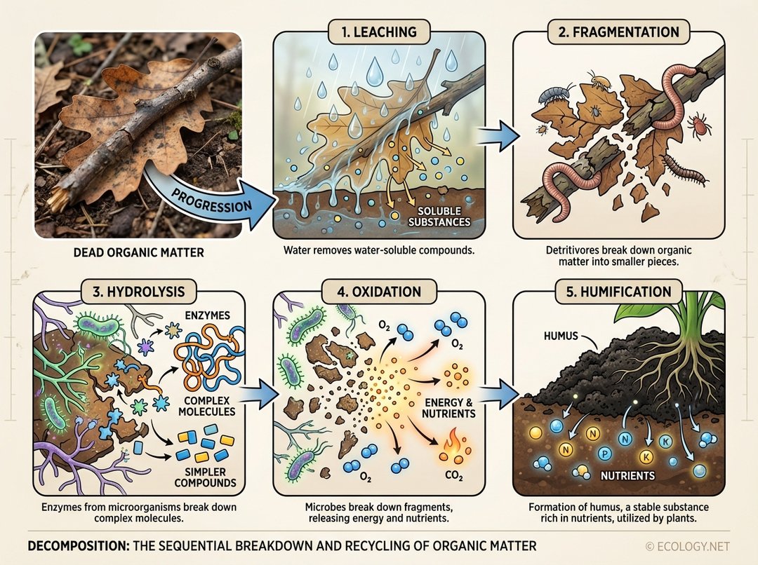 Sequential diagram showing the five steps of decomposition: leaching, fragmentation, hydrolysis, oxidation, and humification.