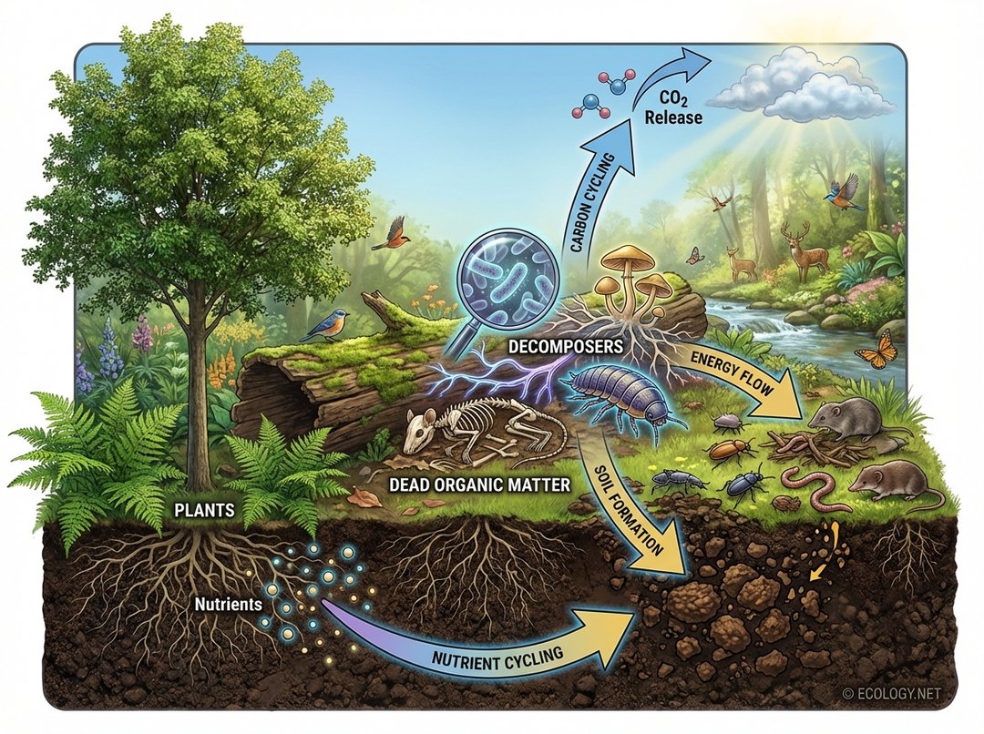 Diagram illustrating the ecological importance of decomposers in nutrient cycling, soil formation, carbon cycling, and energy flow.