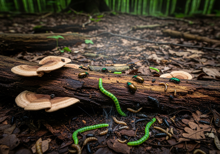 A forest floor showing a decaying log with fungi, earthworms, beetles, and maggots, illustrating active decomposition.