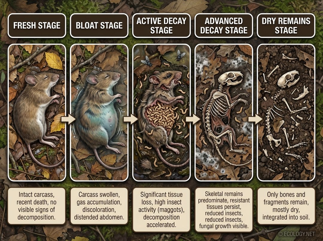 A five-panel illustrative diagram showing the sequential stages of decomposition of a small animal carcass, from fresh to bloat, active decay, advanced decay, and dry remains.