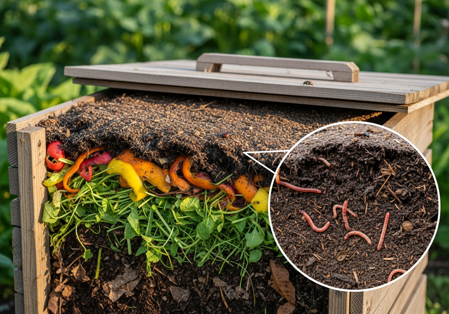 A backyard compost bin filled with kitchen scraps, plant clippings, and leaves, with visible worms, demonstrating human-mediated decomposition.