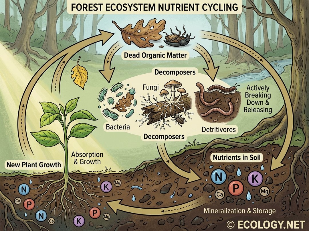 An illustrative diagram depicting the circular process of nutrient cycling in a forest ecosystem, showing dead organic matter broken down by decomposers, releasing nutrients into the soil for new plant growth.