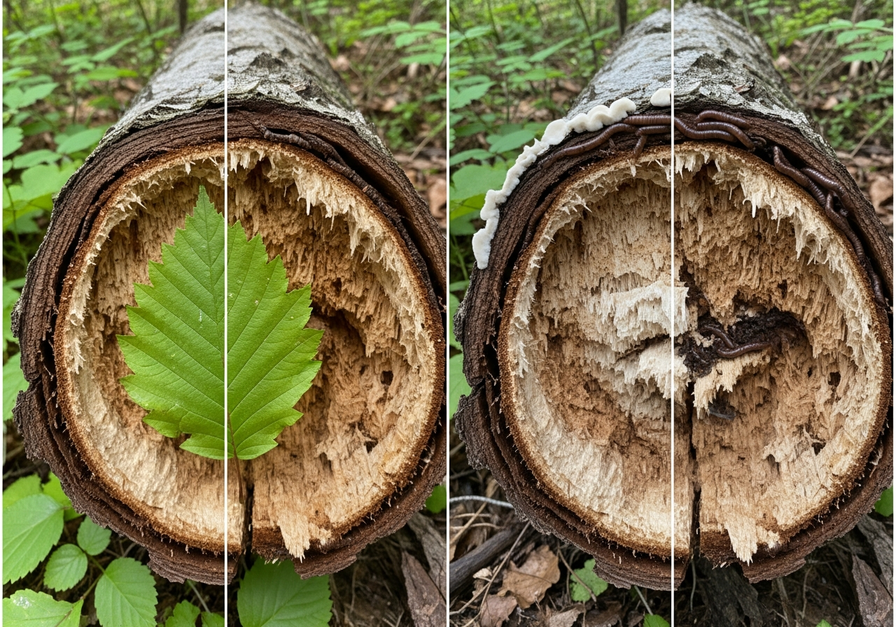 A split-screen image contrasting a fresh log and leaf with the same log in an advanced state of decay, showing the transformation over time.