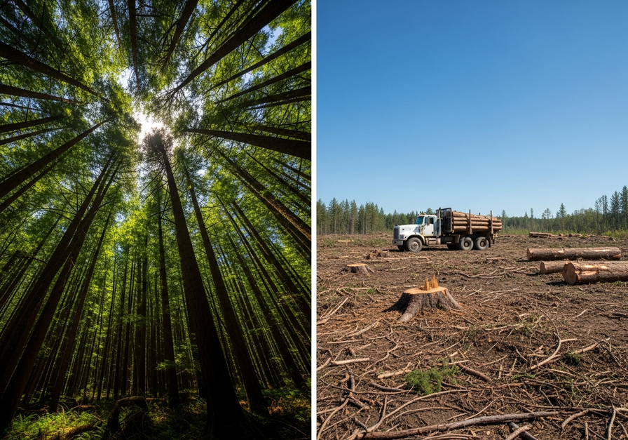 A split screen showing a vibrant green forest on one side and a barren, logged clearing with stumps and a logging truck on the other, illustrating the impact of logging.