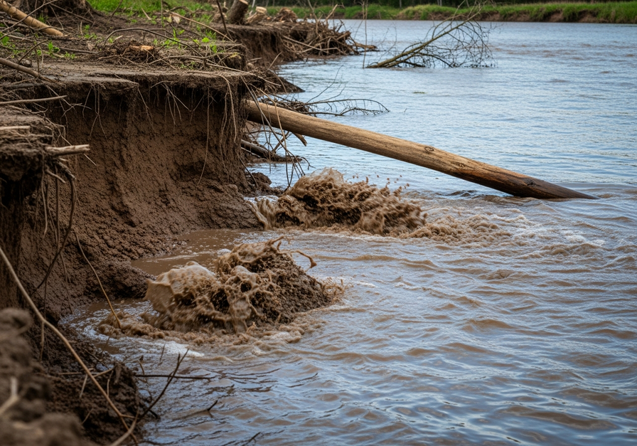 Muddy river water eroding a cleared riverbank, with a log drifting, showing the direct consequences of soil erosion after deforestation.