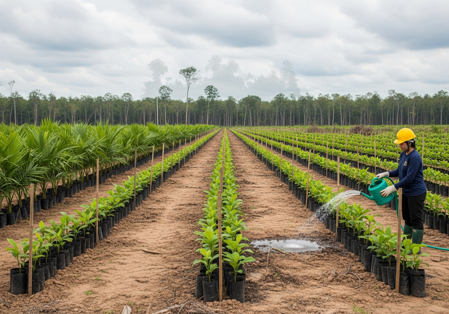 Rows of young saplings in a reforestation plot, with a volunteer watering them, symbolizing hope and active forest restoration.