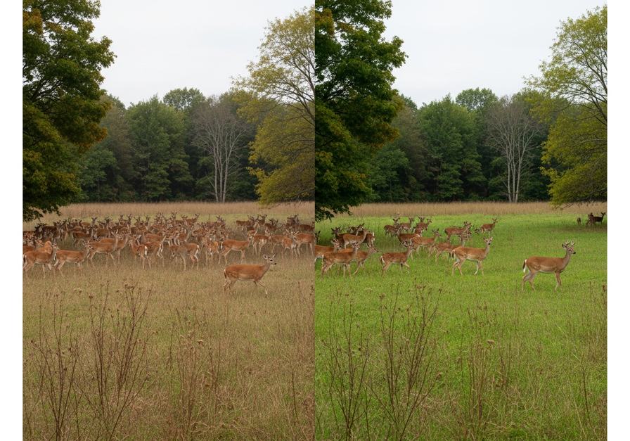 Split-screen image showing a dense deer herd on depleted land versus a sparse herd on lush land, illustrating density-dependent competition for resources.