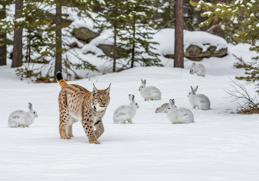 A lynx poised to hunt numerous snowshoe hares in a snowy forest, demonstrating density-dependent predation.