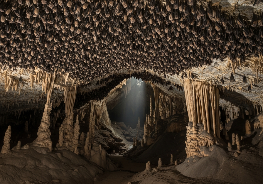 Thousands of bats clustered tightly in a cave, illustrating how high density facilitates rapid disease transmission.