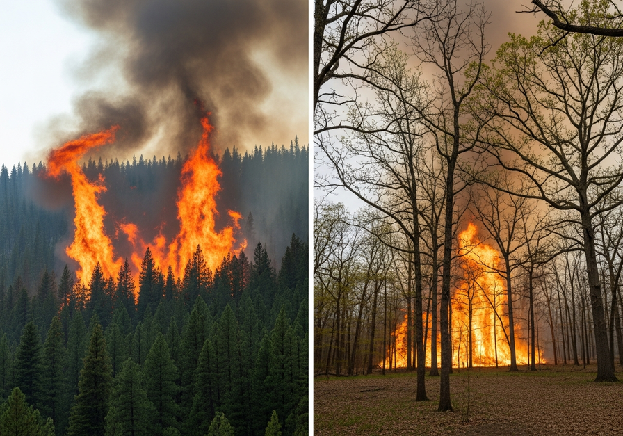 Split-screen image of a wildfire. The left panel shows a dense forest engulfed in flames, and the right panel shows a sparse woodland with equally intense flames, demonstrating that fire's destructive power is independent of tree density.