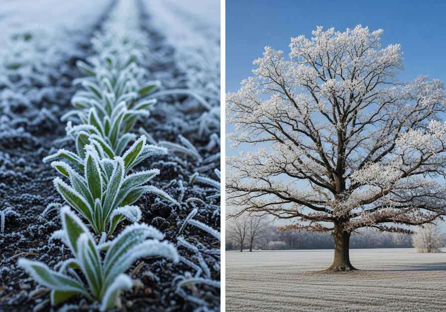 Split-screen image showing a severe frost. The left panel shows young seedlings covered in frost, while the right panel shows a mature oak tree equally coated in frost, illustrating that frost affects all plants uniformly regardless of density.