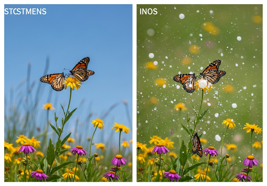 Split-screen image showing a small population of monarch butterflies before and after a hailstorm. The left panel shows butterflies on wildflowers, and the right panel shows the same meadow with hailstones and no butterflies, illustrating the devastating impact of a random event on a small population.