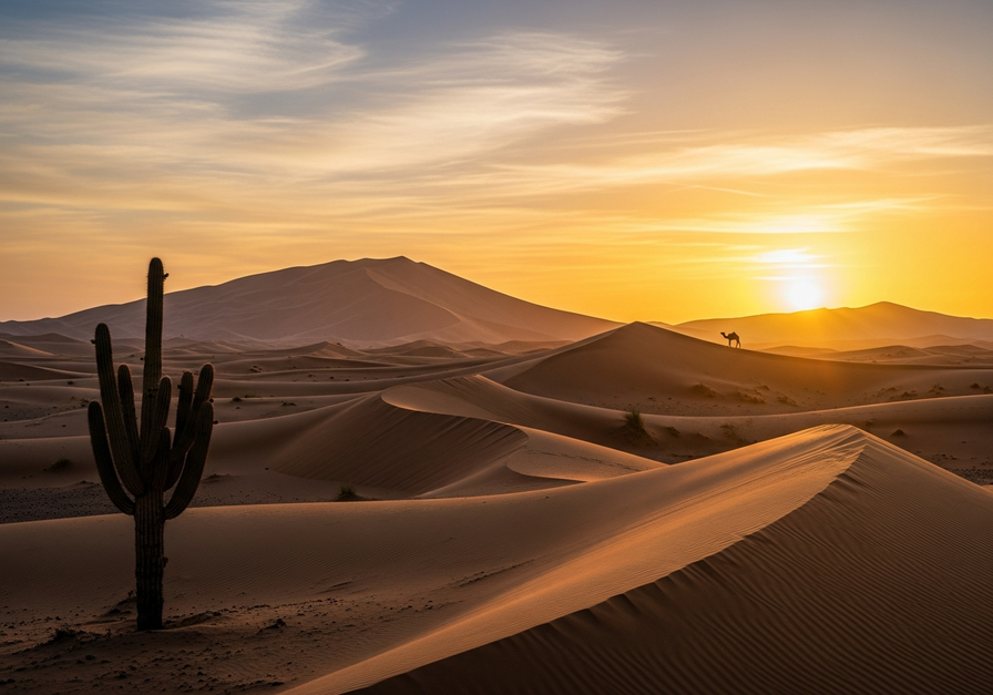 Golden sand dunes, a lone cactus, and a camel silhouette at sunrise in the Sahara Desert.