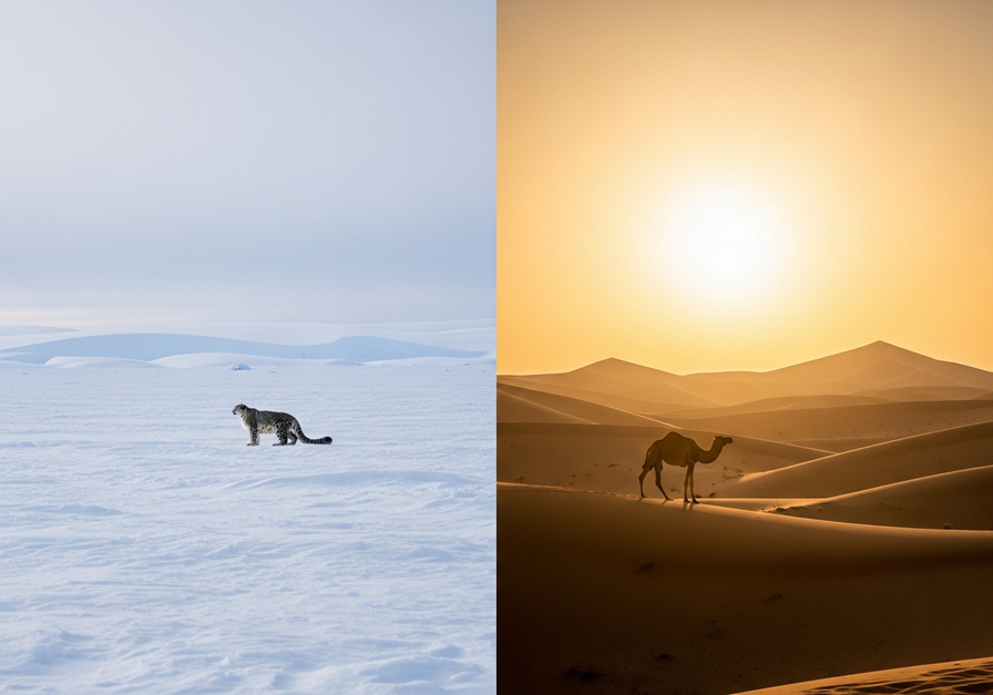 Split image showing a snow-covered polar desert with a snow leopard and a hot Sahara desert with a camel.