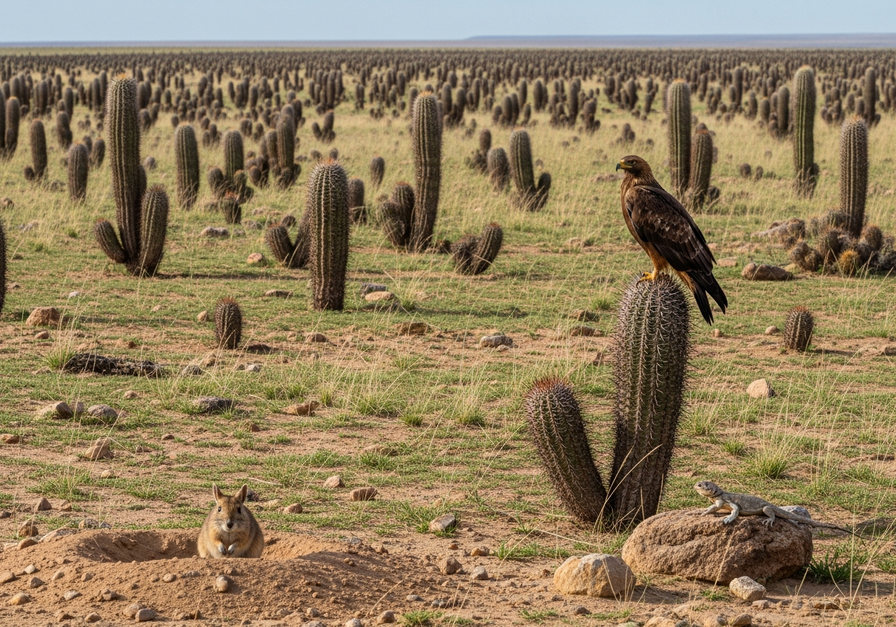Desert scene with a kangaroo rat, golden eagle, and lizard illustrating a desert food web.