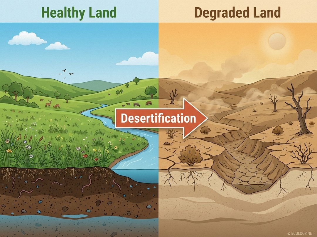 Diagram contrasting healthy, green land labeled 'Healthy Land' with barren, cracked land labeled 'Degraded Land', with an arrow indicating 'Desertification' as the transformation process.