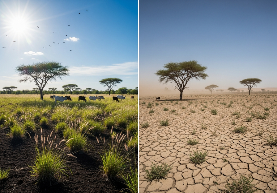 Split-screen image illustrating grassland degradation, showing a vibrant grassland on the left and the same location as a barren desert on the right.