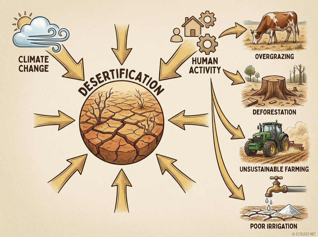 Diagram showing 'Desertification' at the center, with arrows pointing from 'Climate Change' and 'Human Activity', which branches into 'Overgrazing', 'Deforestation', 'Unsustainable Farming', and 'Poor Irrigation'.