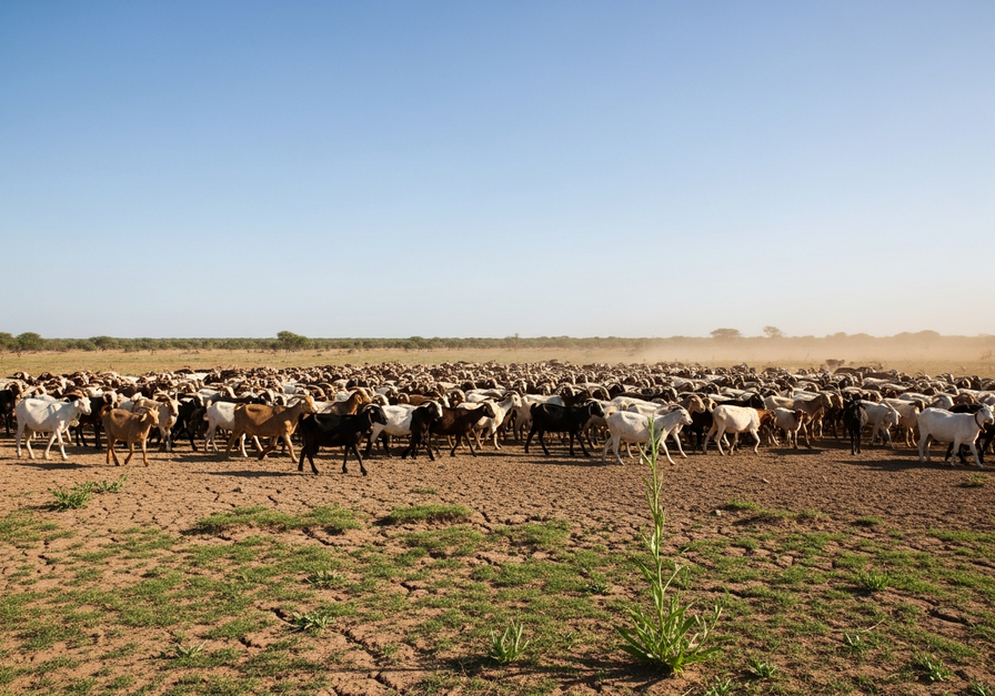 Candid photograph showing a dense herd of goats overgrazing a semi-arid pasture, highlighting soil compaction and sparse vegetation.