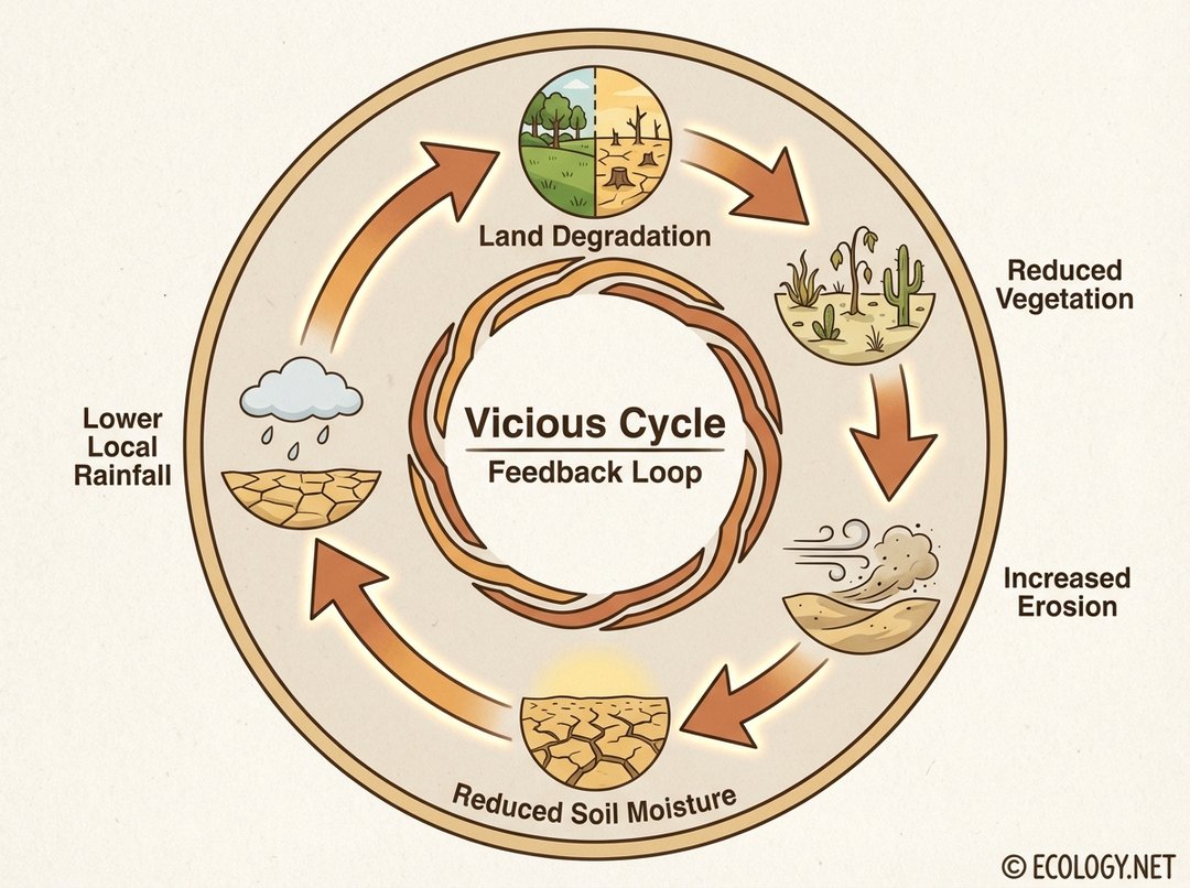 Circular diagram illustrating the 'Vicious Cycle' of desertification, showing 'Land Degradation' leading to 'Reduced Vegetation', 'Increased Erosion', 'Reduced Soil Moisture', and 'Lower Local Rainfall', which then cycles back to 'Land Degradation'.