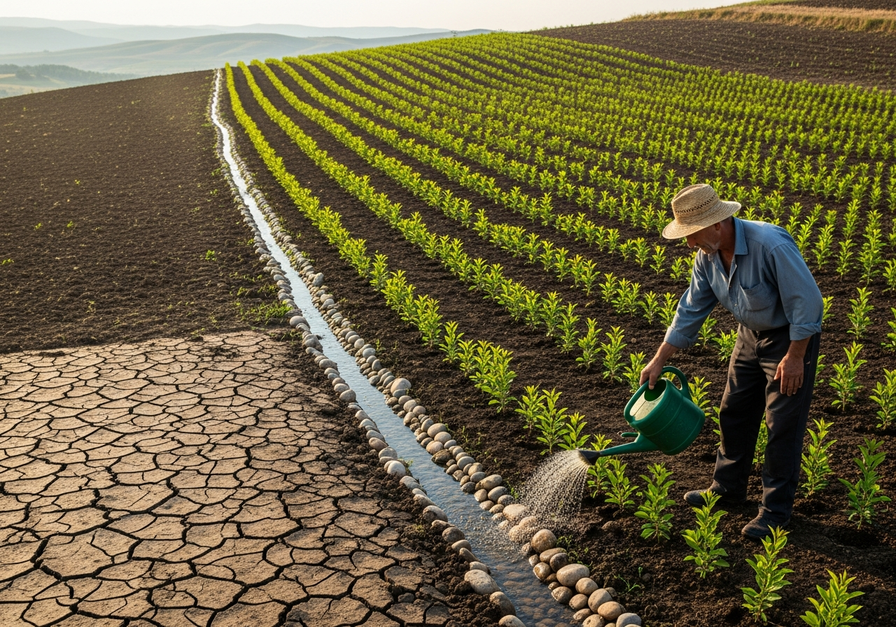 Photo of a reforestation project on a gently sloping hillside, showing young saplings being watered by a farmer.