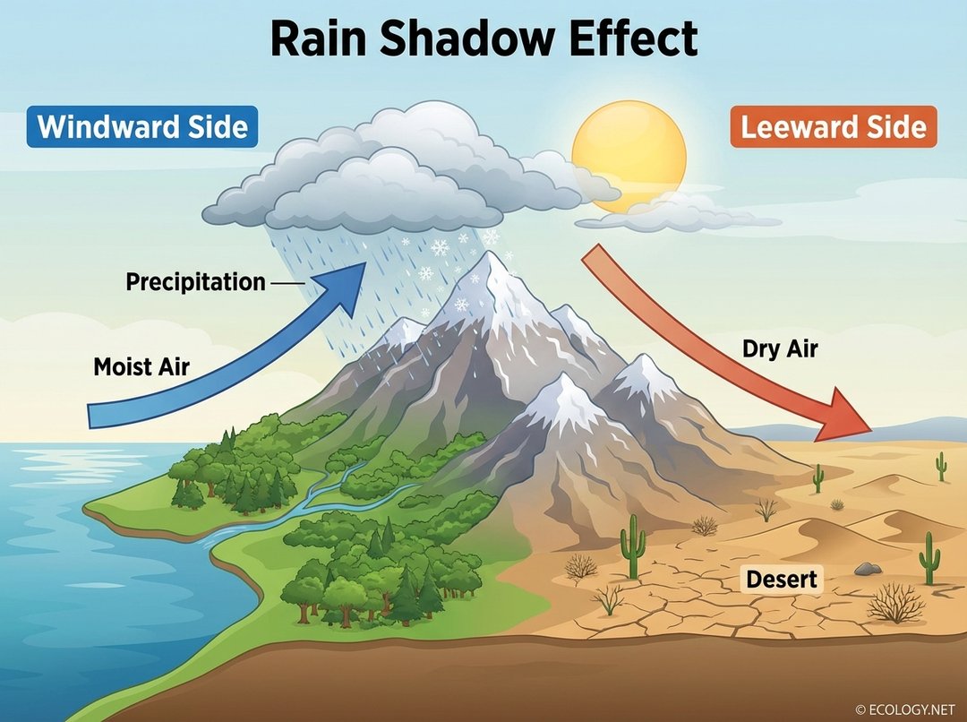 Diagram illustrating the Rain Shadow Effect with a mountain, moist air, precipitation on the windward side, and a barren desert on the leeward side.