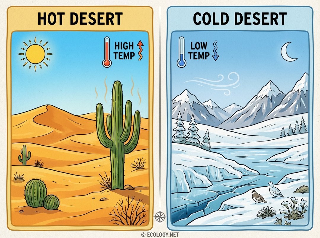 Split-panel diagram comparing a hot desert with sand dunes and high temperature, and a cold desert with snow and low temperature.
