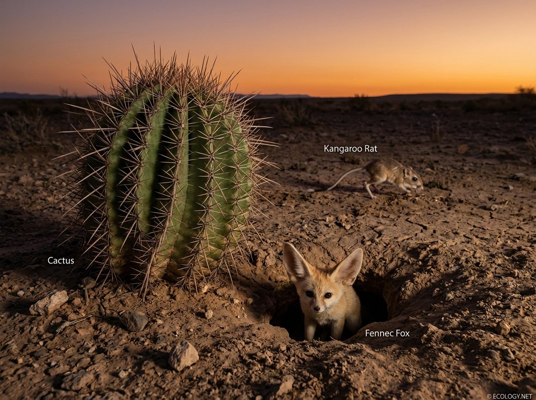 Photo of a desert ecosystem showing a cactus, fennec fox, and kangaroo rat, illustrating plant and animal adaptations to arid environments.