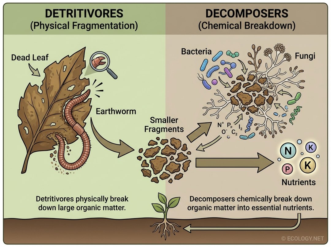 Diagram illustrating the difference between detritivores and decomposers, showing physical breakdown by an earthworm and chemical breakdown by bacteria and fungi.