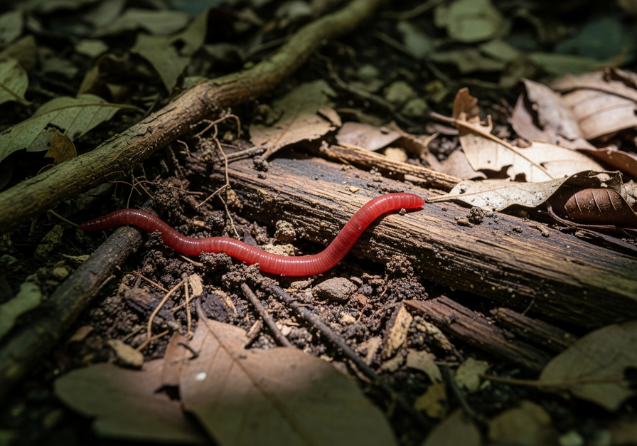 Close-up of an earthworm in moist leaf litter.