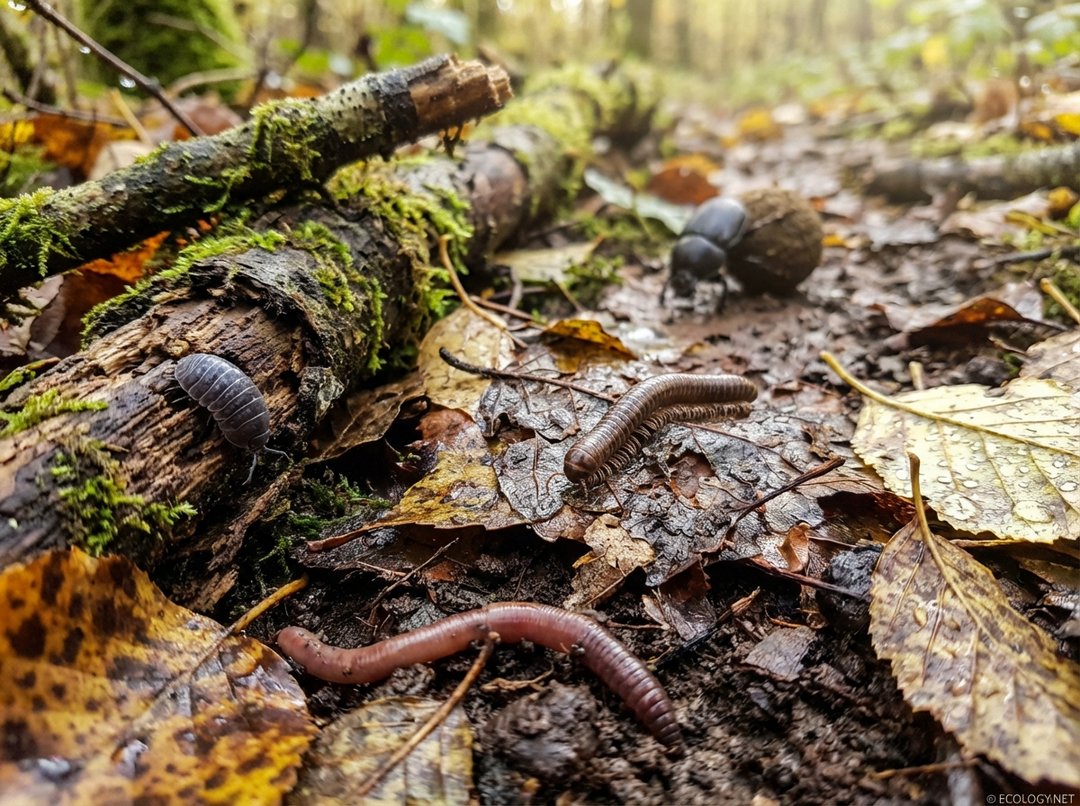Photo of a forest floor with an earthworm, woodlouse, millipede, and dung beetle actively breaking down organic matter.