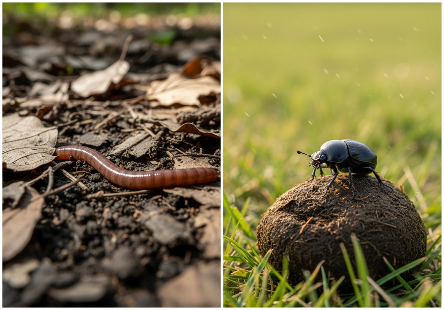 Split-screen showing an earthworm in soil and a dung beetle on dung.