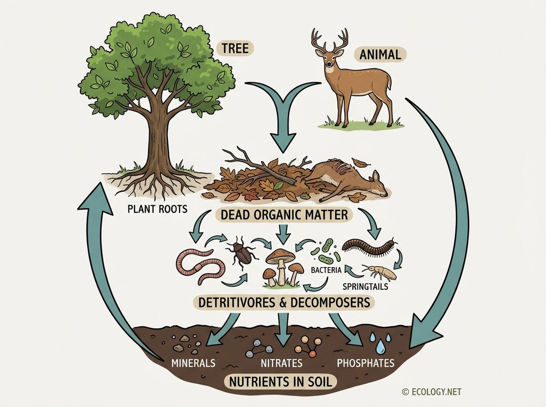 Diagram showing the nutrient cycling process where detritivores and decomposers break down dead organic matter into soil nutrients, which are then absorbed by plants.