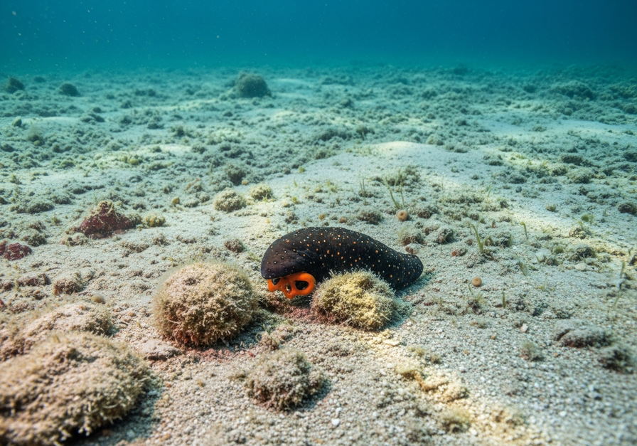 Sea cucumber feeding on detritus on a sandy seafloor.